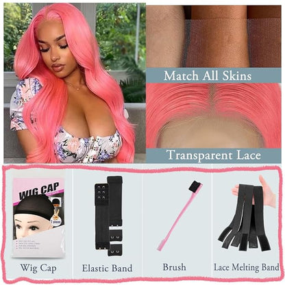 26 Inch Pink Lace Front Wig Human Hair 13x4 HD Lace Pink Body Wave Wig Human Hair Pre Plucked Colored Body Wave Wig Human Hair For Women 150% Density Strawberry Body Wave Lace Front Wig