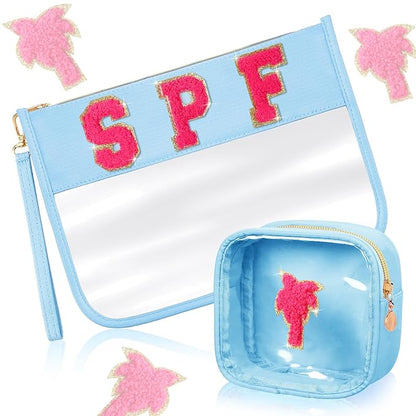 Hillban 2 Pcs Clear SPF Makeup Bag Chenille Letter Patch Sunscreen Bag Preppy Pouch Clear Cosmetic Toiletry Zipper Pouch Summer Beach Pool Sunscreen Purse