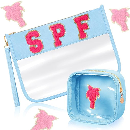 Hillban 2 Pcs Clear SPF Makeup Bag Chenille Letter Patch Sunscreen Bag Preppy Pouch Clear Cosmetic Toiletry Zipper Pouch Summer Beach Pool Sunscreen Purse