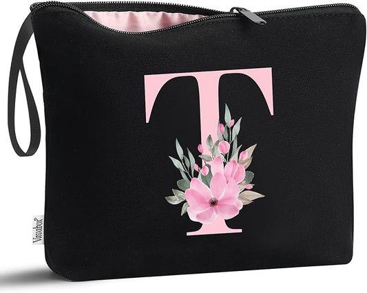 Vavabox A-Z Personalized Makeup Bag, Birthday Gifts for Women Mom, Gifts for Best Friend, Bride Bridesmaid Cosmetic bag (T, Black)