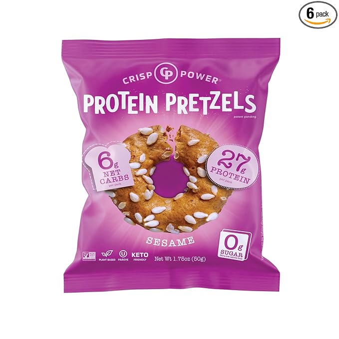 Crisp Power High Protein Pretzel Crisps - 6 Pack x 1.75 oz Crunchy & Flavorful Plant-Based Snack. No Sugar, 28g Protein Per Pack in 3 Savory Flavors, Vegan, Keto Friendly, Non-GMO, Kosher Non-Dairy (1.75 Ounce (Pack of 6), Sesame)