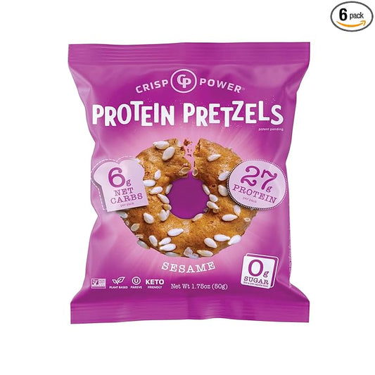 Crisp Power High Protein Pretzel Crisps - 6 Pack x 1.75 oz Crunchy & Flavorful Plant-Based Snack. No Sugar, 28g Protein Per Pack in 3 Savory Flavors, Vegan, Keto Friendly, Non-GMO, Kosher Non-Dairy (1.75 Ounce (Pack of 6), Sesame)