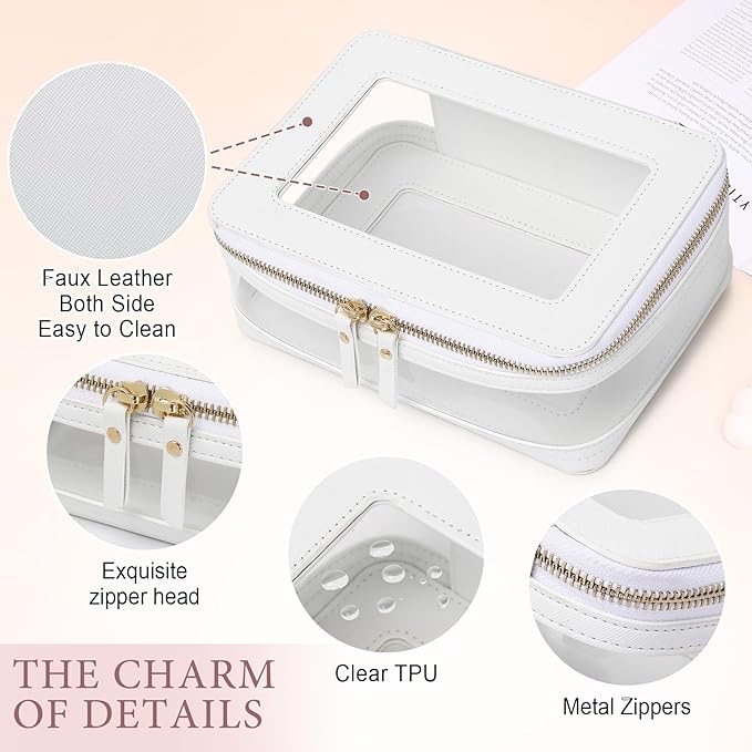 Travel Clear Makeup Bag with Brush Case TSA Approved Toiletry Bag Waterproof Cosmetic Organizer Car Essential for Women (White, M+SLIM)
