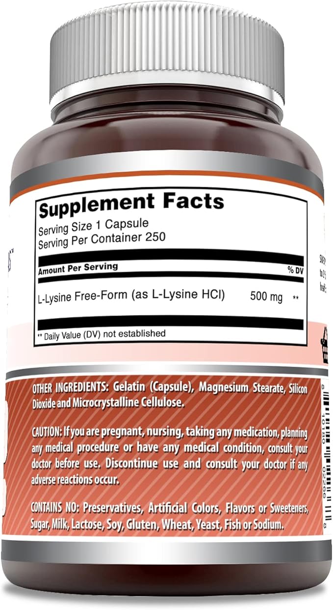 Amazing Formulas L-Lysine 500mg 250 Capsules Amino Acid Supplement | Non-GMO | Gluten Free | Made in USA