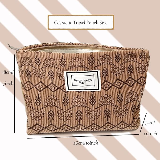 Flower Fabric Makeup Bag for Purse, Vintage Corduroy Cosmetic Pouch Bag, Portable Travel Handbag for Women Girls (Vintage Khaki)