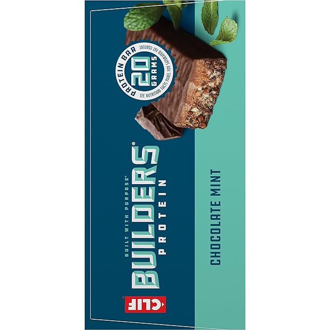 CLIF Builders - Chocolate Mint Flavor - Plant Based Protein Bars - Gluten Free - Non-GMO - Low Glycemic - 20g Protein - 2.4 oz. (12 Pack)