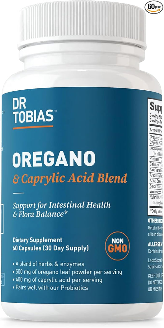 Dr. Tobias Oregano and Caprylic Acid Blend, Gut Flora Balance Complex, Intestinal Health & Immune Support with Herbs & Probiotics, Gut Health Supplements for Women & Men (60 Count (Pack of 1))