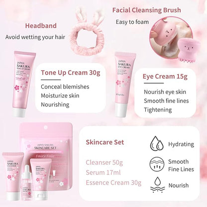 Sakura Skin Care Set for Teen Girls - Skin Care for Teens 10-12 Gifts Japan - Skincare for Girls 10-12 - Gift Set for Women with Cleanser,Serum,Cream(One Size, 8PCS Sakura Scent)