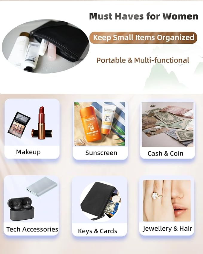Small Makeup Bag for Purse Mini Cosmetic Pouch Zipper Little Wristlet, Tiny Make Up Organizer Lipstick Feminine Product Car Change Coin Holder for Women, 4.5 x 6.5 Clutch Stadium Approved, 1 Black