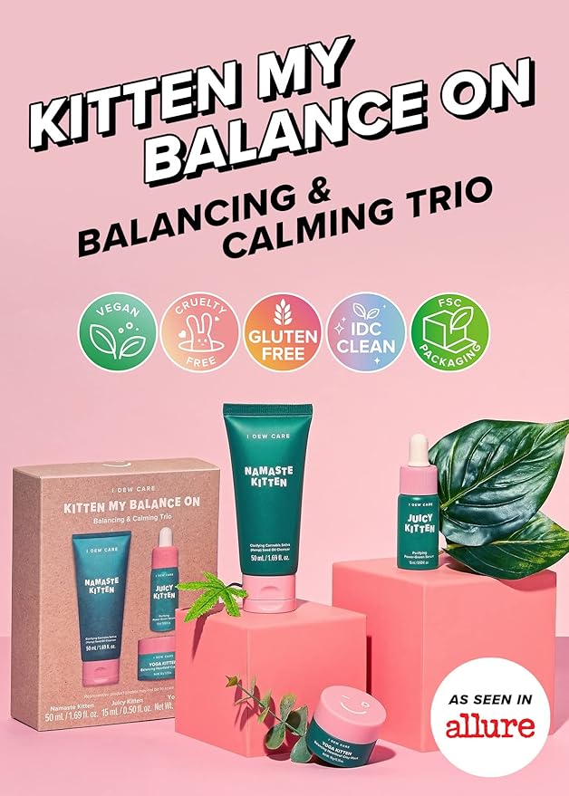 I Dew Care Skin Care Set - Kitten My Balance On + Skincare Set - Vitamin To Glow Pack | Illuminating Vitamin C Trio with Niacinamide, Travel Size, Cream, Lip Mask, Serum Bundle