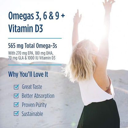Nordic Naturals Complete Omega-D3, Lemon Flavor - 565 mg Omega-3 + 70 mg GLA + 1000 IU Vitamin D3-60 Soft Gels - EPA & DHA - Healthy Skin & Joints, Cognition, Positive Mood - Non-GMO - 30 Servings