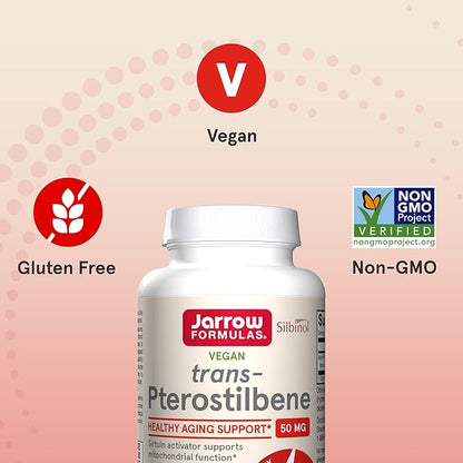Jarrow Formulas Pterostilbene 50mg for Antioxidant Support, Dietary Supplement Supports Healthy Aging, 60 Veggie Capsules, 60 Day Supply