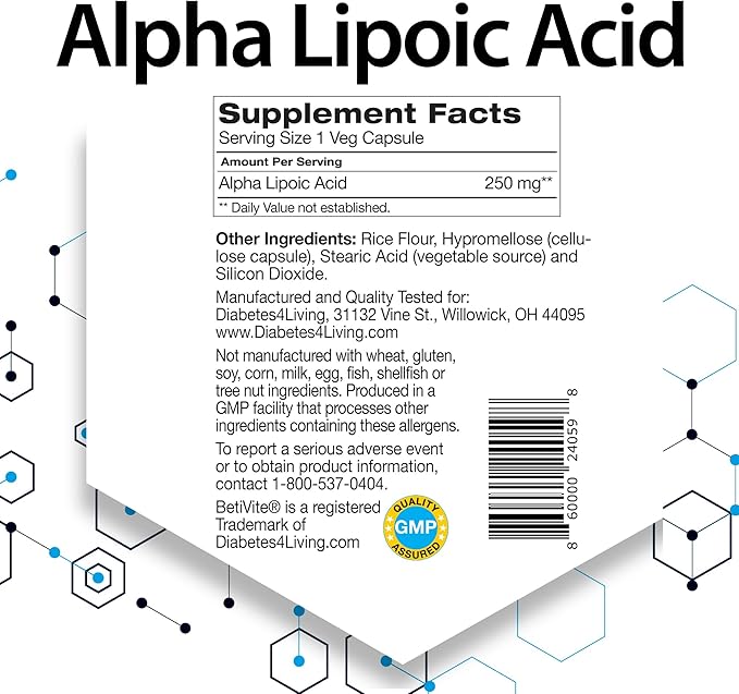 BetiVite Alpha Lipoic Acid Supplements, Alpha Lipoic Acid 250 mg, 60 Vegetarian Capsules