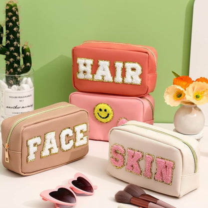 Sanwuta 4 Pcs Hair Face Skin Travel Bag Set Preppy Makeup Pouch PU Leather Skincare Bag Waterproof Cosmetic Organizer Birthday Christmas Gifts(Beige, Khaki, Pink, Nude Pink,Fresh Style)
