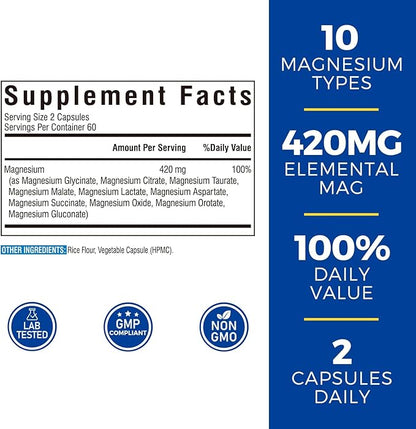 10 in 1 Magnesium Complex, 420mg Elemental Magnesium | Ultra Strength, Max Absorption | Chelated Magnesium Supplement for Sleep, Muscles, Nerves & Heart Health | Non-GMO, 120 Vegan Capsules