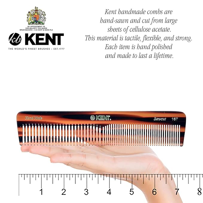 Kent 16T-16TG Fine Tooth and Wide Tooth Comb for Daily Grooming, Handmade Styling Comb for All Hair Types, Styling and Detangling Combs for Men and Women