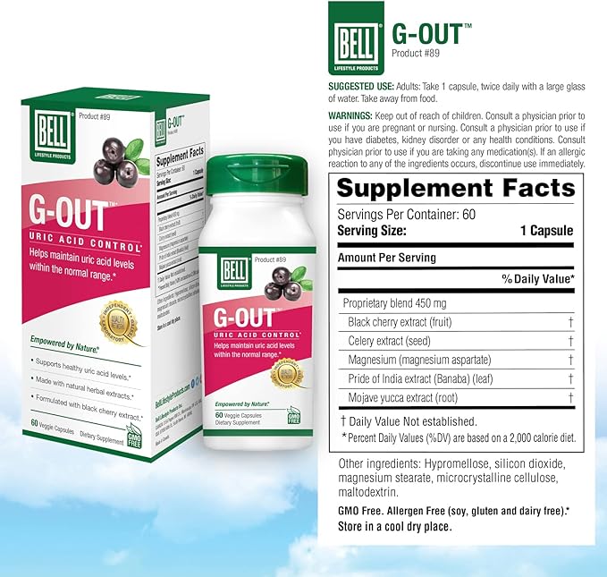 Bell G-Out Uric Acid Cleanse -2 Pack Combo | A Unique Blend of Herbal Extracts That Supports Uric Acid Levels Within Normal Range | 120 Capsules