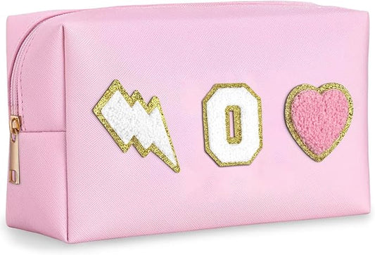 TOPEAST Personalized Makeup Bag, Cute Stuff for Teen Girls, PU Leather Waterproof Toiletry Bag Skincare Bag, Preppy Travel Stuff for Girls, Pink O