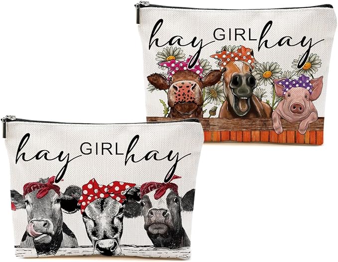 2pcs Funny Farm Animals Cow Stuff Western Makeup Bag, Farm Animals Cosmetic Bag Cow Gifts for Women Female Girls Sister BFF, Christmas Birthday Gift, Western Stuff Travel Toiletry Bags