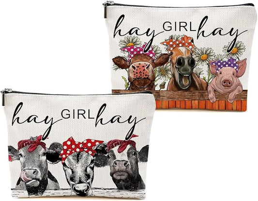 2pcs Funny Farm Animals Cow Stuff Western Makeup Bag, Farm Animals Cosmetic Bag Cow Gifts for Women Female Girls Sister BFF, Christmas Birthday Gift, Western Stuff Travel Toiletry Bags