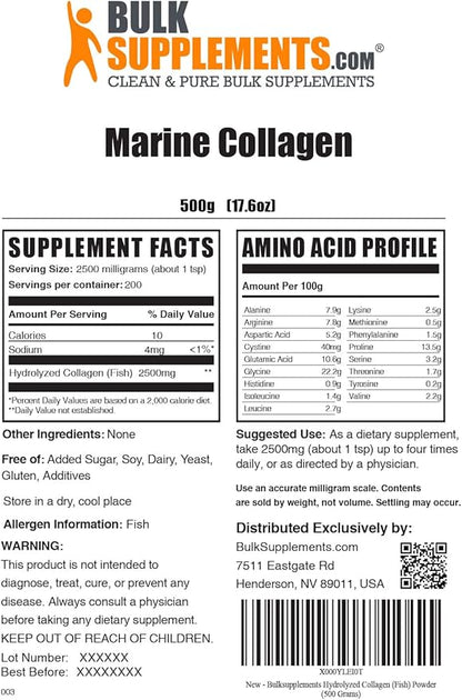 BulkSupplements.com Marine Collagen Powder - Collagen Supplement, Hydrolyzed Collagen Powder, Marine Collagen Peptides Powder - Gluten Free, 2500mg per Serving, 500g (1.1 lbs) (Pack of 1)