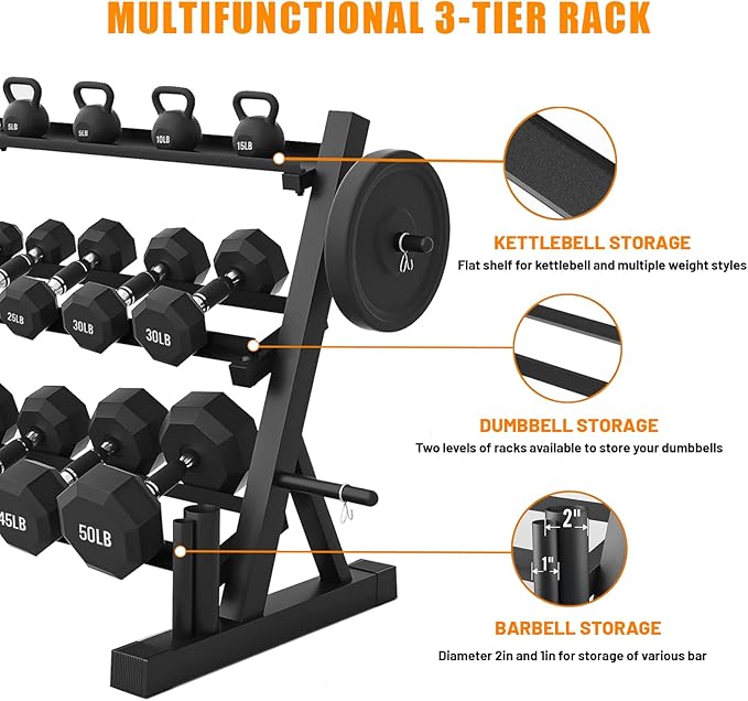 PROOFGOLD 1200LBS Dumbbell Rack- Adjustable 3 Tier Weight Rack for Home Gym Suitable for Storage of Dumbbell, Weight Plates,Kettlebell Barbell Plate, Barbell Bar(Rack Only)