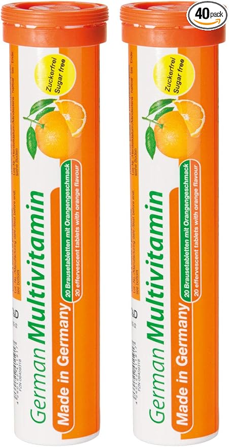 T&D German Multvitamin 10 Vitamins - 40 Vegan Drink Effervescent Tablets - Orange Flavor - Made in Germany
