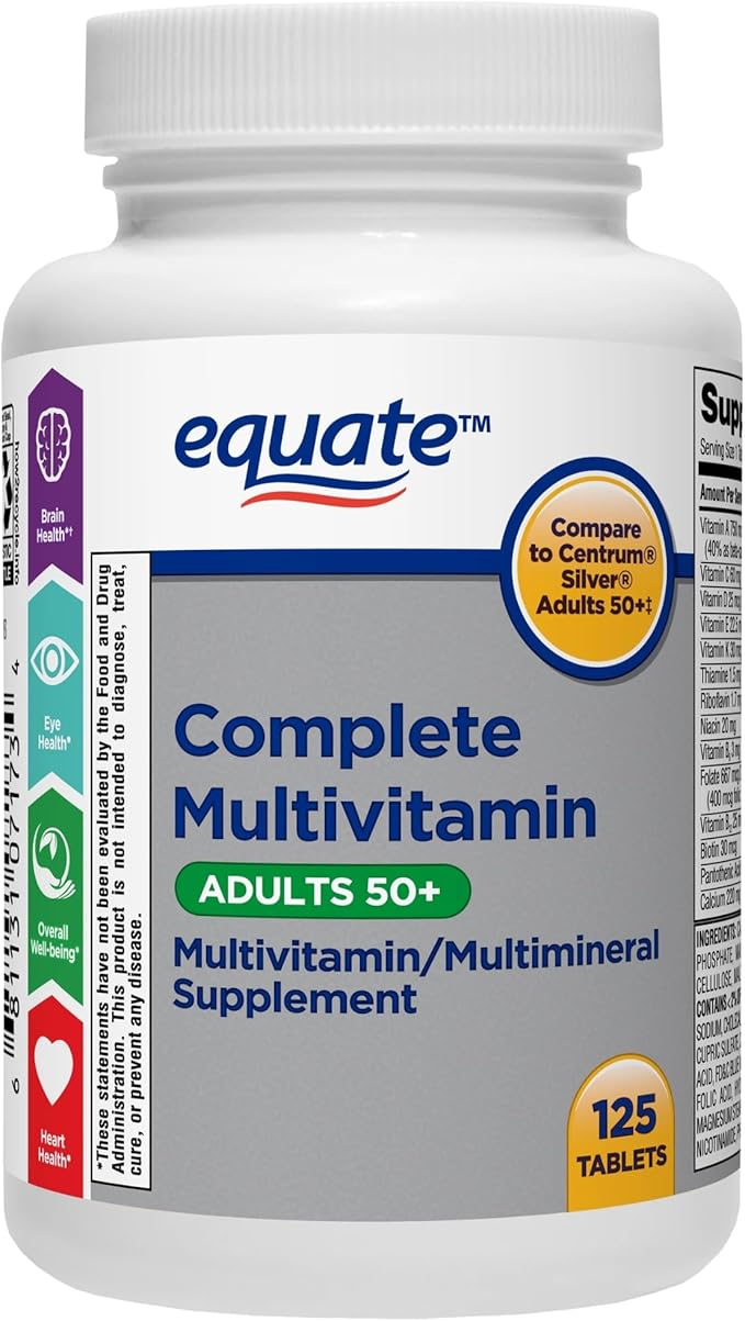 Equate Adult 50+ One Daily Complete Multivitamin/Multimineral Supplement, 125 Tablets, Comprehensive Multivitamin for Adults Over 50 + Createandbundle Sticker