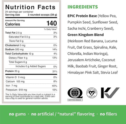 Sprout Living Epic Protein, Plant Based Protein & Superfoods Powder, Green Kingdom | 20 Grams Organic Protein Powder, Greens, Vegan, Non Dairy, Non-GMO, Gluten Free, Low Sugar (2 Pound, 24 Servings)