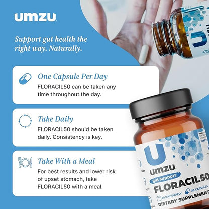 UMZU Floracil50 Prebiotics and Probiotics Supplement for Gut Health | 50 Billion CFU with 8 Strains of Bacteria to Support Digestion, Immunity & Energy (30 Day Supply | 30 Capsules)