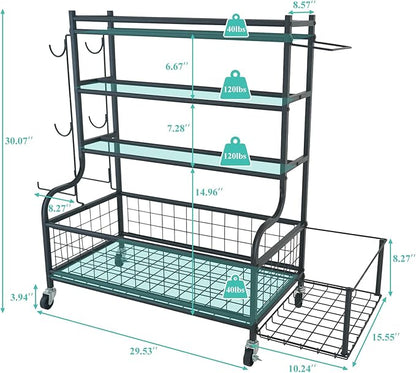 Dumbbell Rack, Weight Rack for Kettlebells, Heavy-Duty Home Gym Storage Rack for Yoga Mat and Workout Equipment, Storage Holder with Wheels, Hooks and Mesh Top