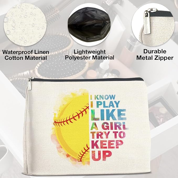 Inspirational Gifts for Women Softball Lovers Makeup Bag, Cosmetic Pouch With Zipper for Girls