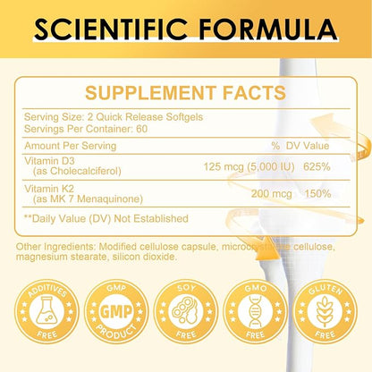 Vitamin D3 K2 Supplement with Vitamin D3 5000 IU, 200 mcg Vitamin K2 MK-7 & Natural Coconut Oil, Plant Based 2-1 Formula for Bone, Teeth, Muscle and Immune Health Support,120 Softgel Capsules