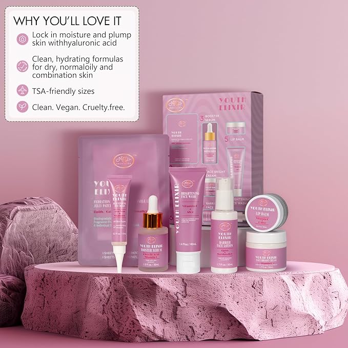 Valentines Day Gifts for Woman Skin Care Set Travel Size, Daily Routine with Hydrate + Protect SkinCare 7-Pieces Travel Kit for Women|Cleanser, Cream, Serum, Eye Cream, Lotion, Lip Mask, Jelly Patches