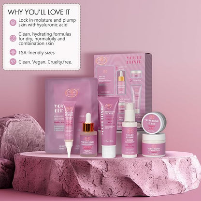 Valentines Day Gifts for Woman Skin Care Set Travel Size, Daily Routine with Hydrate + Protect SkinCare 7-Pieces Travel Kit for Women|Cleanser, Cream, Serum, Eye Cream, Lotion, Lip Mask, Jelly Patches