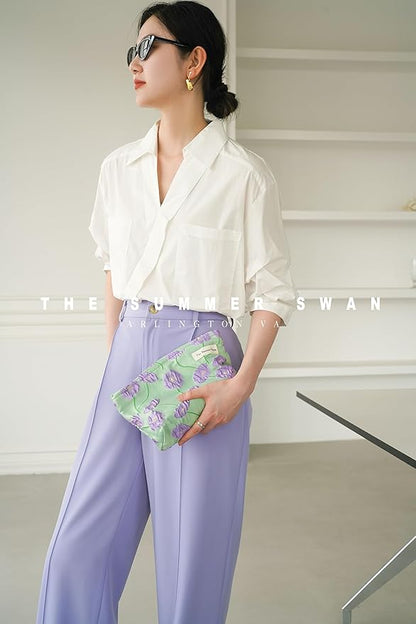 The Summer Swan | Large Aesthetic Makeup Bag | Floral Makeup Bag | Mid-day Clutch | Period Kit Bag | Hygiene Bag | Skincare Bag | Cute Makeup Bag (Color Block Floral Purple), CosmeticBag10575