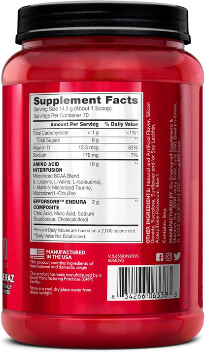 BSN Amino X Muscle Recovery & Endurance Powder with BCAAs, Intra Workout Support, 10 Grams of Amino Acids, Keto Friendly, Caffeine Free, Flavor: Blue Raz, 70 Servings (Packaging May Vary)