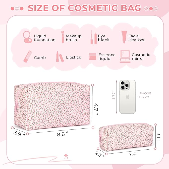 Quilted Makeup Bag Set,Large Quilted Floral Cosmetic Bag For Women,Cute Cotton Makeup Brushes Storage Bags Flower Travel Toiletry Organizer Bag(Pink Floral)