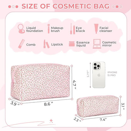 Quilted Makeup Bag Set,Large Quilted Floral Cosmetic Bag For Women,Cute Cotton Makeup Brushes Storage Bags Flower Travel Toiletry Organizer Bag(Pink Floral)