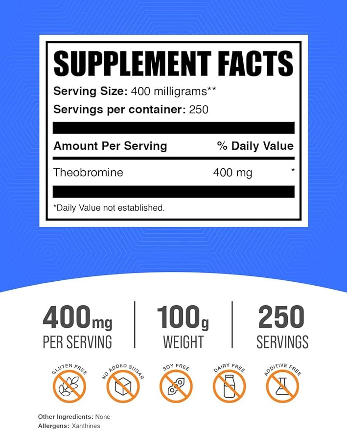 BulkSupplements.com Theobromine Powder - Theobromine Supplement, Nootropic Supplement - Energy Support, Gluten Free, 400mg per Serving, 250 Servings, 100g (3.5 oz) (Pack of 1)