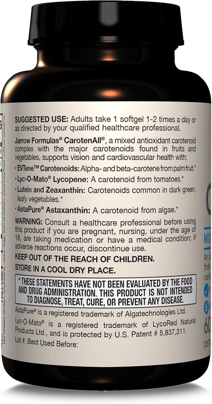 Jarrow Formulas CarotenAll, Dietary Supplement, Antioxidant Support for Vision and Cardiovascular Health, 60 Softgels, Up to a 60 Day Supply