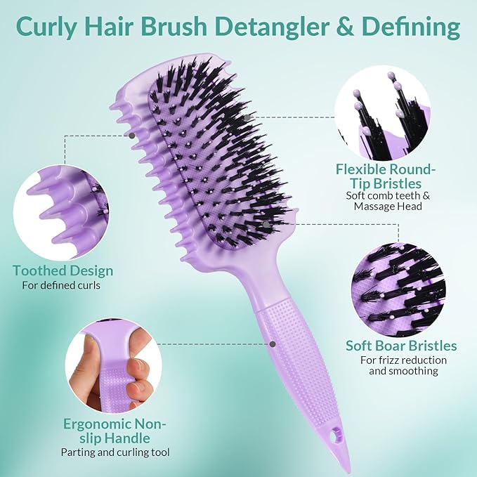 Curl Defining Brush, Volume Curly Hair Brush Products for Effortlessly Detangling Shaping and Styling Women's Men's Curls on All Wet or Dry Hair Types, Reduces Frizz (Purple 1PC)
