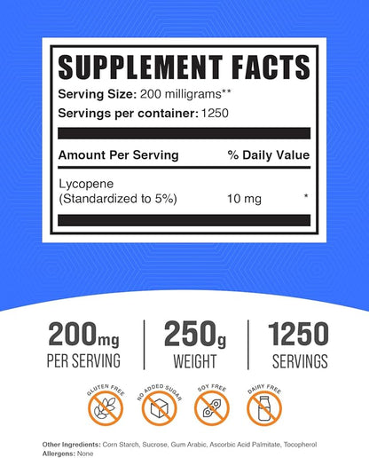 BulkSupplements.com Lycopene Powder - Lycopene Supplement, Lycopene 10mg - Antioxidants Supplement, Gluten Free, 200mg per Serving, 250g (8.8 oz) (Pack of 1)