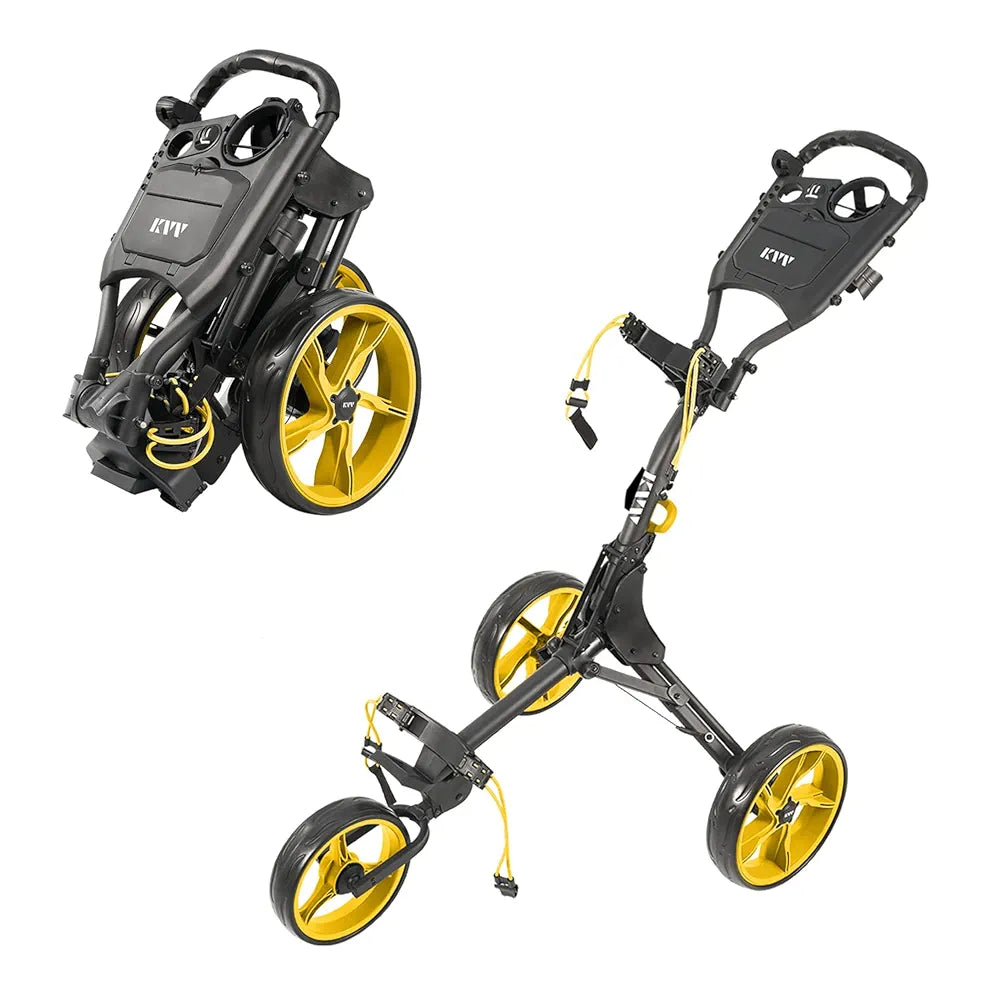KVV 3 Wheel Golf Push Cart Ultra Lightweight Smallest Folding Size, New-Version Scorecard Holder