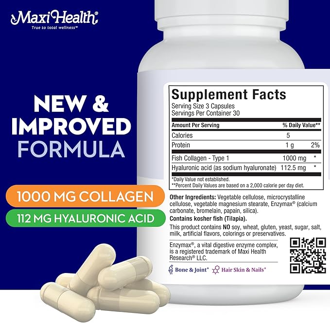 Maxi Health Collagen with Hyaluronic Acid - Type I Fish Collagen Protein for Women and Men (90 Count (Pack of 1), Unflavored Capsule)