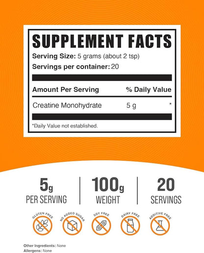 BulkSupplements.com Creatine Monohydrate Powder - Micronized Creatine Powder, Unflavored - Pure & Gluten Free, 5g  per Servings, 100g