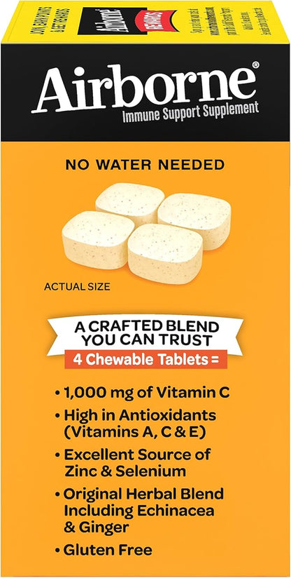 Airborne 1000mg Chewable Tablets with Zinc, Immune Support Supplement with Powerful Antioxidants Vitamins A C & E - 96 Tablets, Citrus Flavor