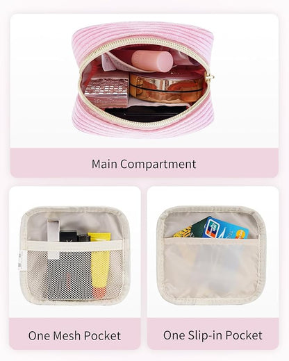 Wandering Nature Small Makeup Bag for Purse Mini Make up Pouch Cute Cosmetic Pouch for Women with Slip-in Pockets Corduroy, Pink