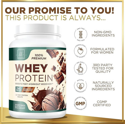 Whey Protein Powder, Rich Double Chocolate Whey Isolate with 24g Protein & BCAAs - Support Muscle Growth, Recovery & Fitness - Gluten Free, Fast Absorbing, Easy Digesting for Women & Men - 24 Servings