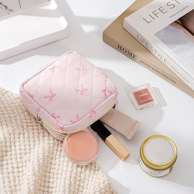 Small Quilted Cotton Makeup Bag for Purse, Cosmetic Bag with Compartments, Cotton Aesthetic Makeup Bag, Travel Toiletry Pouch, Lipstick Bag Card Holder Data Cable Organizer (11Small pink bow)